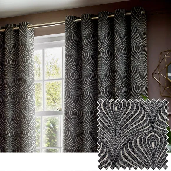 Eyelet Curtains with Art Nouveau Pattern - Black