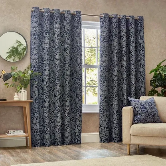 Eyelet Curtains with Botanical Design - Midnight