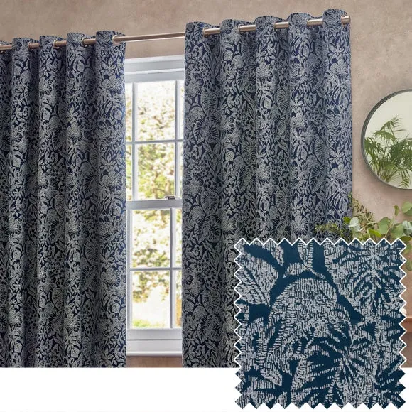 Eyelet Curtains with Botanical Design - Midnight