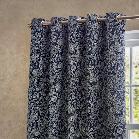 Eyelet Curtains with Botanical Design - Midnight