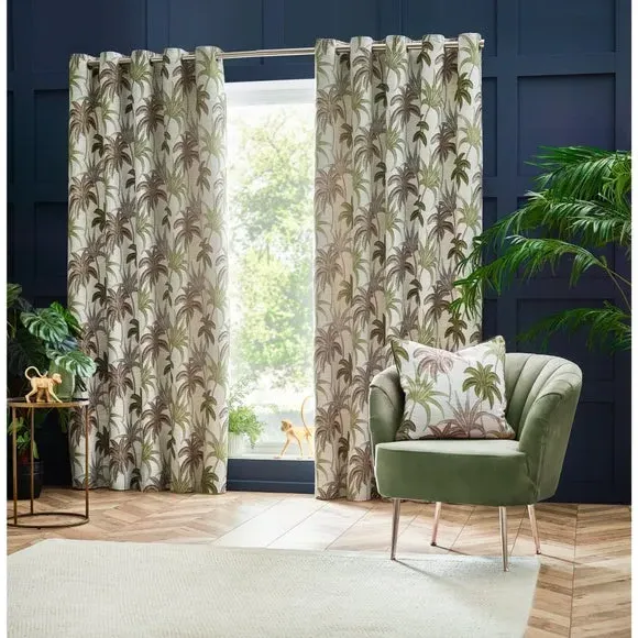 Eyelet Curtains with Palm Pattern - Green, Polyester
