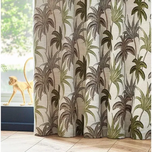 Eyelet Curtains with Palm Pattern - Green, Polyester