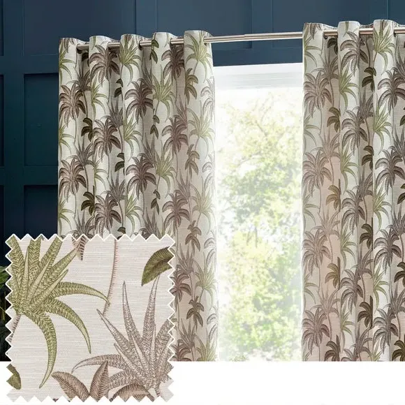 Eyelet Curtains with Palm Pattern - Green, Polyester