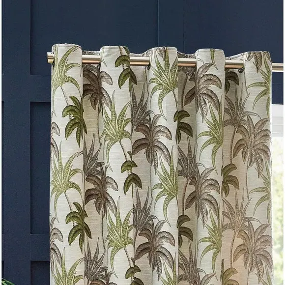 Eyelet Curtains with Palm Pattern - Green, Polyester