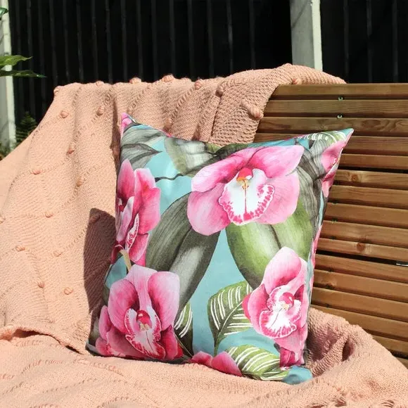 Outdoor Cushion Floral Design - Duck Egg, Polyester image
