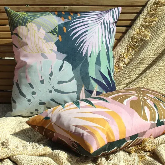 Outdoor Cushion with Tropical Print - Teal image