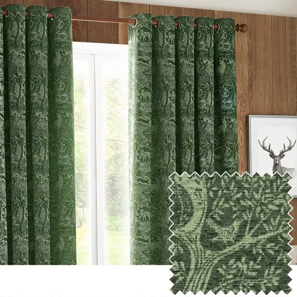 Pair Eyelet Curtains Jacquard - Emerald, Polyester