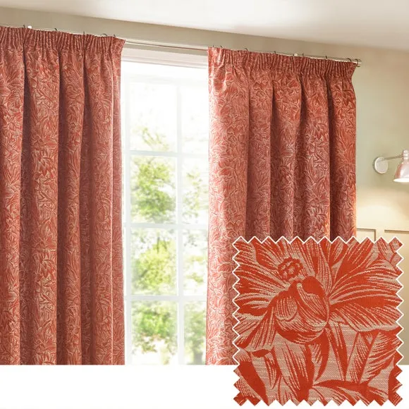 Pencil Pleat Curtains with Botanical Design - Brick
