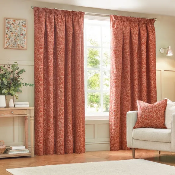 Pencil Pleat Curtains with Botanical Design - Brick