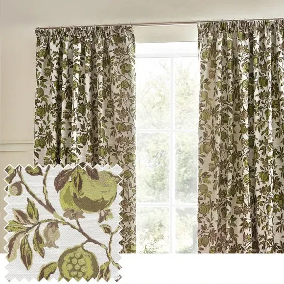 Pencil Pleat Curtains with Floral - Green, Jacquard
