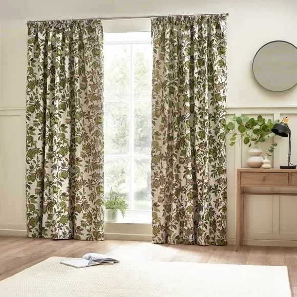 Pencil Pleat Curtains with Floral - Green, Jacquard
