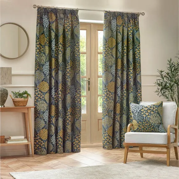 Pencil Pleat Curtains with Tiebacks - Blue, Polyester