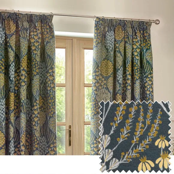 Pencil Pleat Curtains with Tiebacks - Blue, Polyester