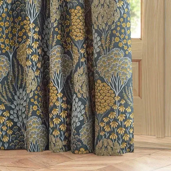 Pencil Pleat Curtains with Tiebacks - Blue, Polyester