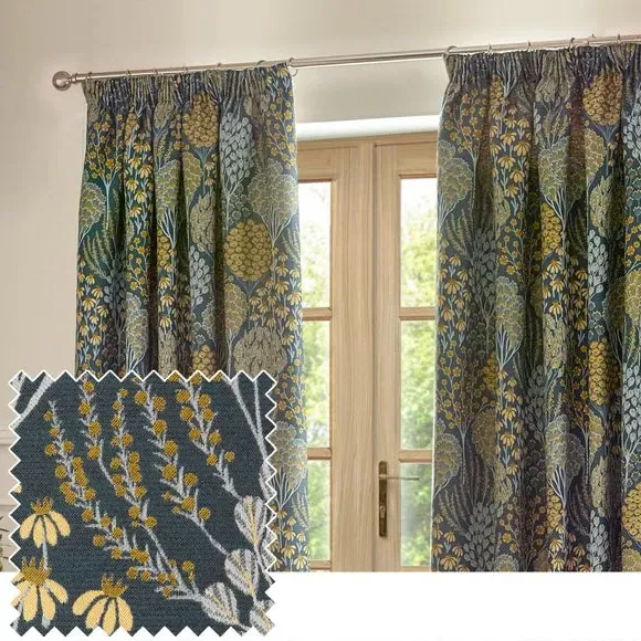 Pencil Pleat Curtains with Tiebacks - Blue, Polyester