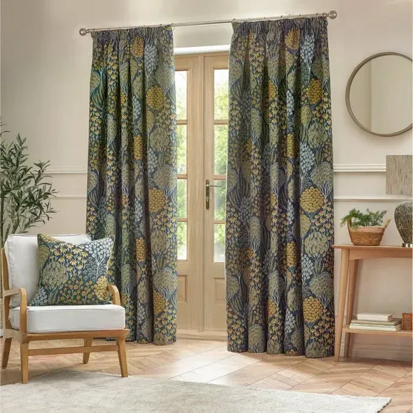 Pencil Pleat Curtains with Tiebacks - Blue, Polyester