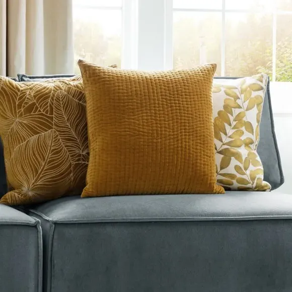 Quilted Cushion with Velvet Texture - Mustard, Cotton
