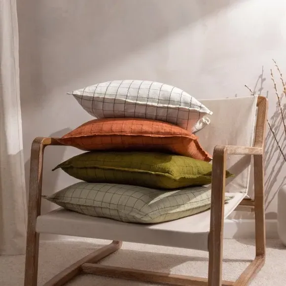 Square Cushion Cover Grid Check - Brick, Linen