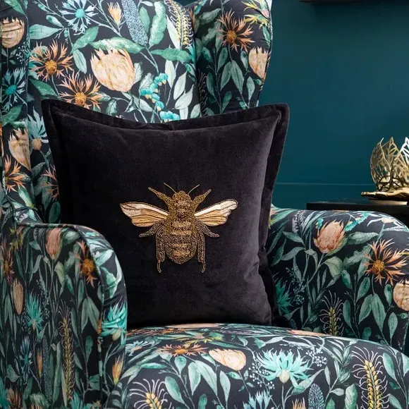 Square Cushion Cover with Bee Design - Black, Velvet image