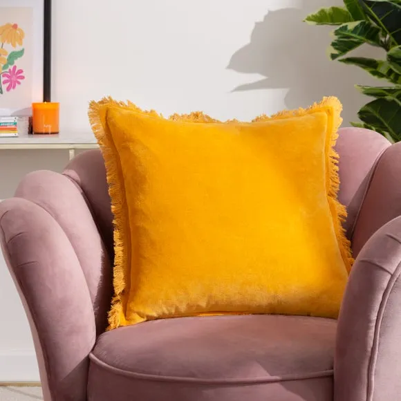 Square Cushion Cover with Fringe - Mustard, Cotton