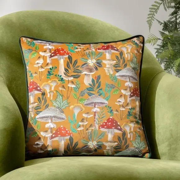 Square Cushion Cover with Mushroom Print - Velvet image