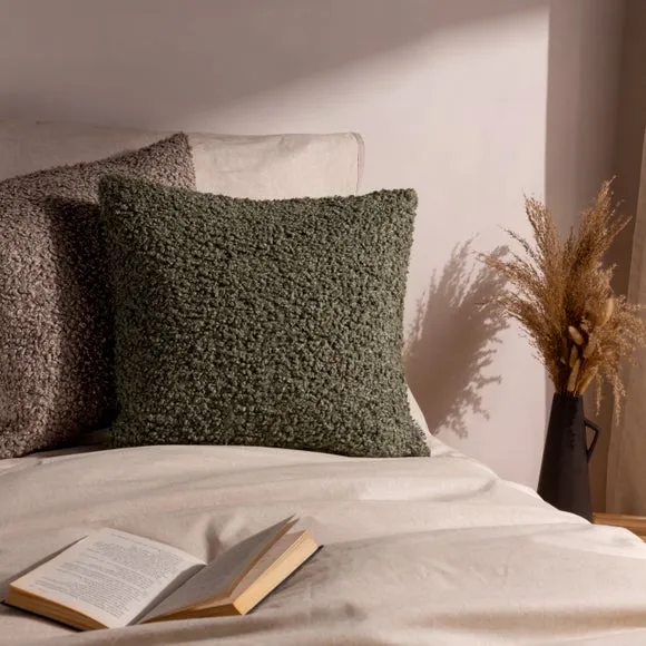 Square Cushion Cover with Zip - Khaki, Boucle