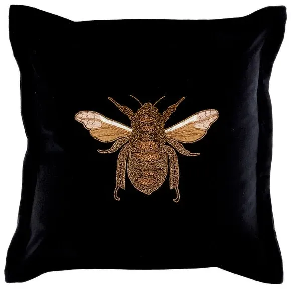 Square Cushion with Embroidered Bee - Black