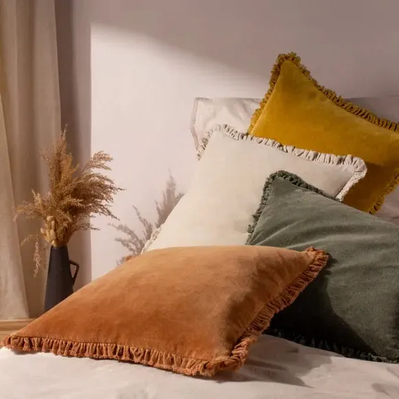 Square Cushion with Fringe - Natural, Cotton
