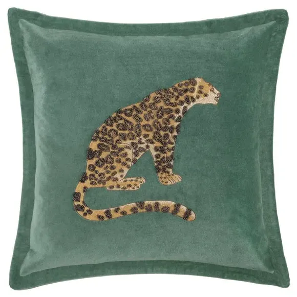 Square Cushion with Leopard Design - Blue, Velvet