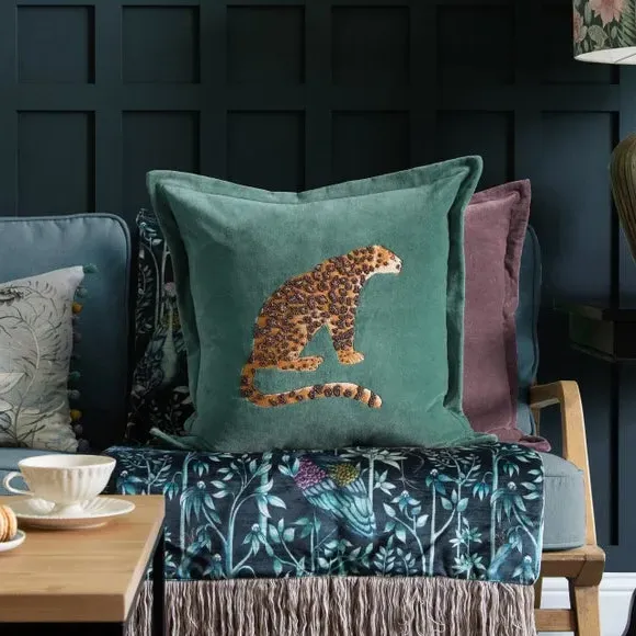Square Cushion with Leopard Design - Blue, Velvet image