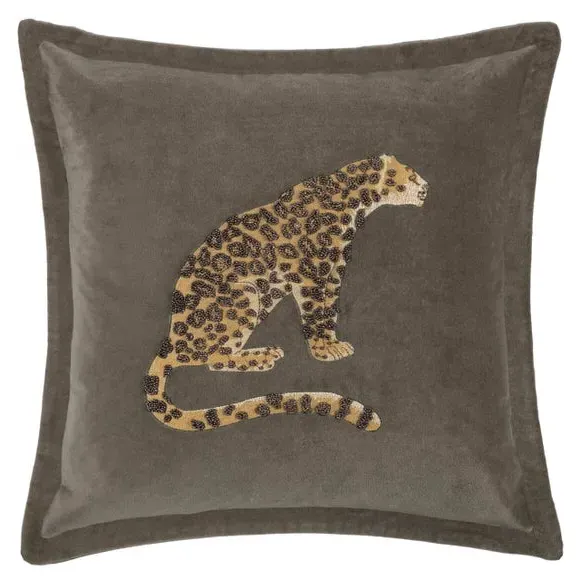 Square Cushion with Leopard Design - Grey, Velvet
