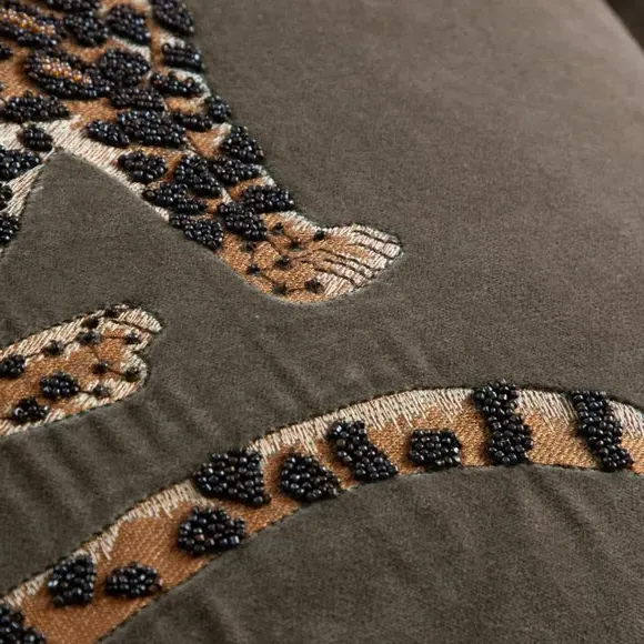 Square Cushion with Leopard Design - Grey, Velvet