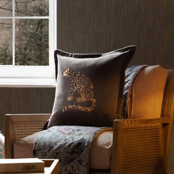Square Cushion with Leopard Design - Grey, Velvet