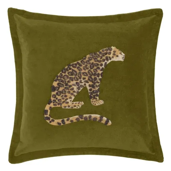 Square Cushion with Leopard Design - Olive, Velvet