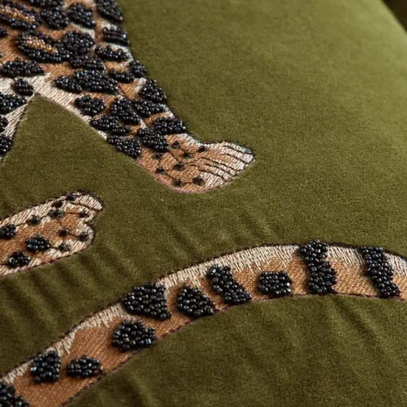 Square Cushion with Leopard Design - Olive, Velvet