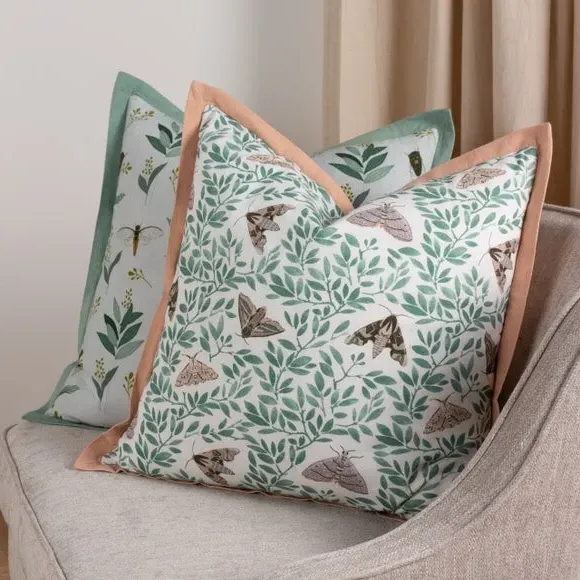 Square Cushion with Moth Print - Pink, Cotton