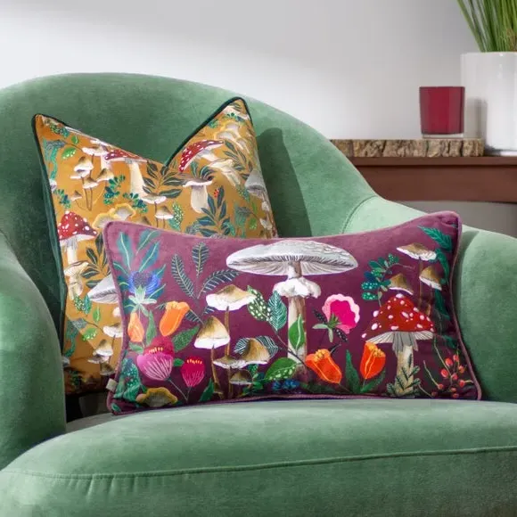 Square Cushion with Mushroom Print - Multicolor