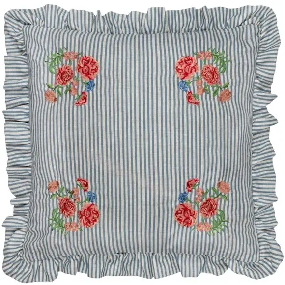 Square Cushion with Ruffle Trim - Blue, Linen
