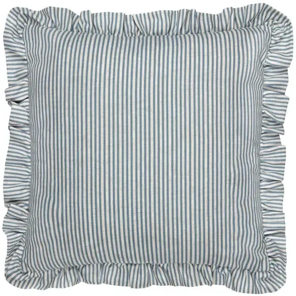 Square Cushion with Ruffle Trim - Blue, Linen