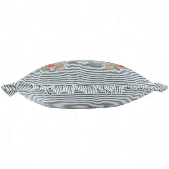 Square Cushion with Ruffle Trim - Blue, Linen