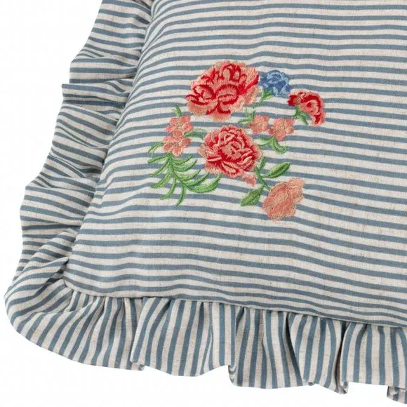 Square Cushion with Ruffle Trim - Blue, Linen