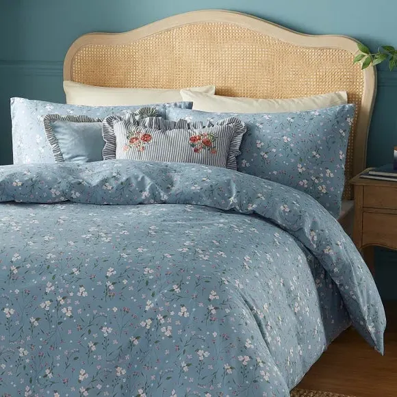 Square Cushion with Ruffle Trim - Blue, Linen