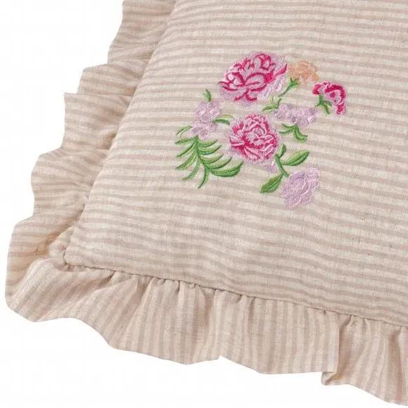 Square Cushion with Ruffle Trim - Pink, Linen