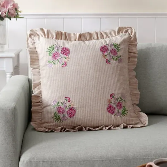 Square Cushion with Ruffle Trim - Pink, Linen
