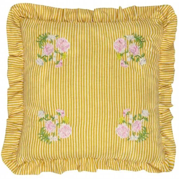 Square Cushion with Ruffle Trim - Yellow, Linen