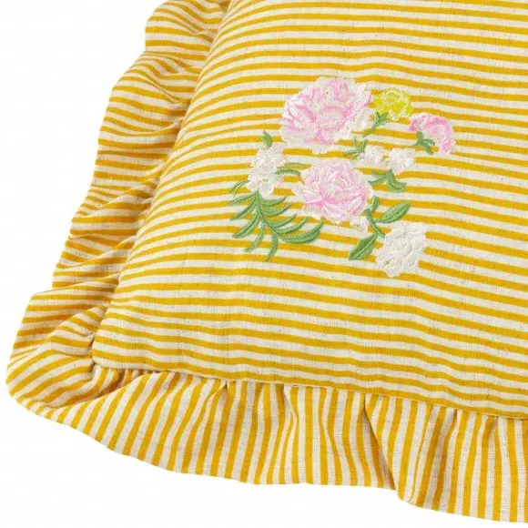 Square Cushion with Ruffle Trim - Yellow, Linen