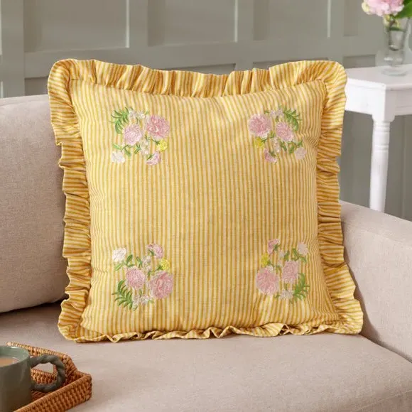 Square Cushion with Ruffle Trim - Yellow, Linen