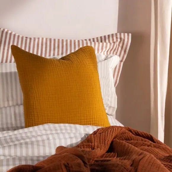 Square Cushion with Textured Design - Orange, Cotton