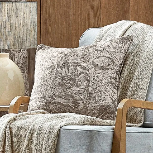 Square Cushion with Woodland Pattern - Taupe