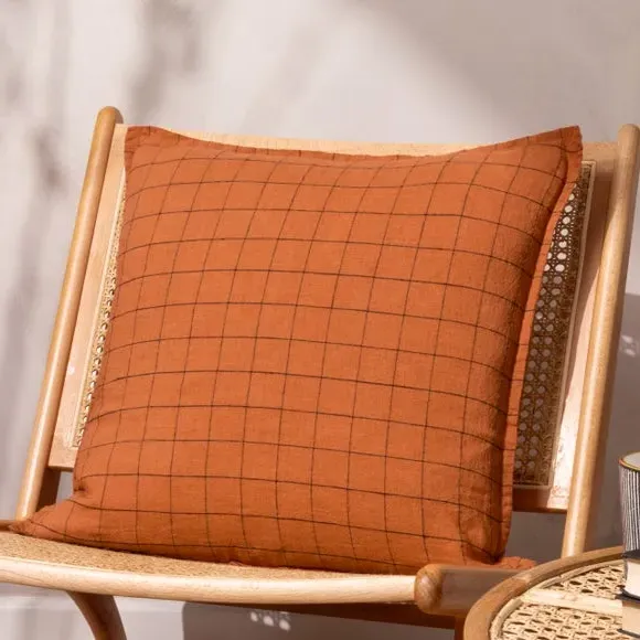 Square Grid Check Cushion - Brick, Linen image
